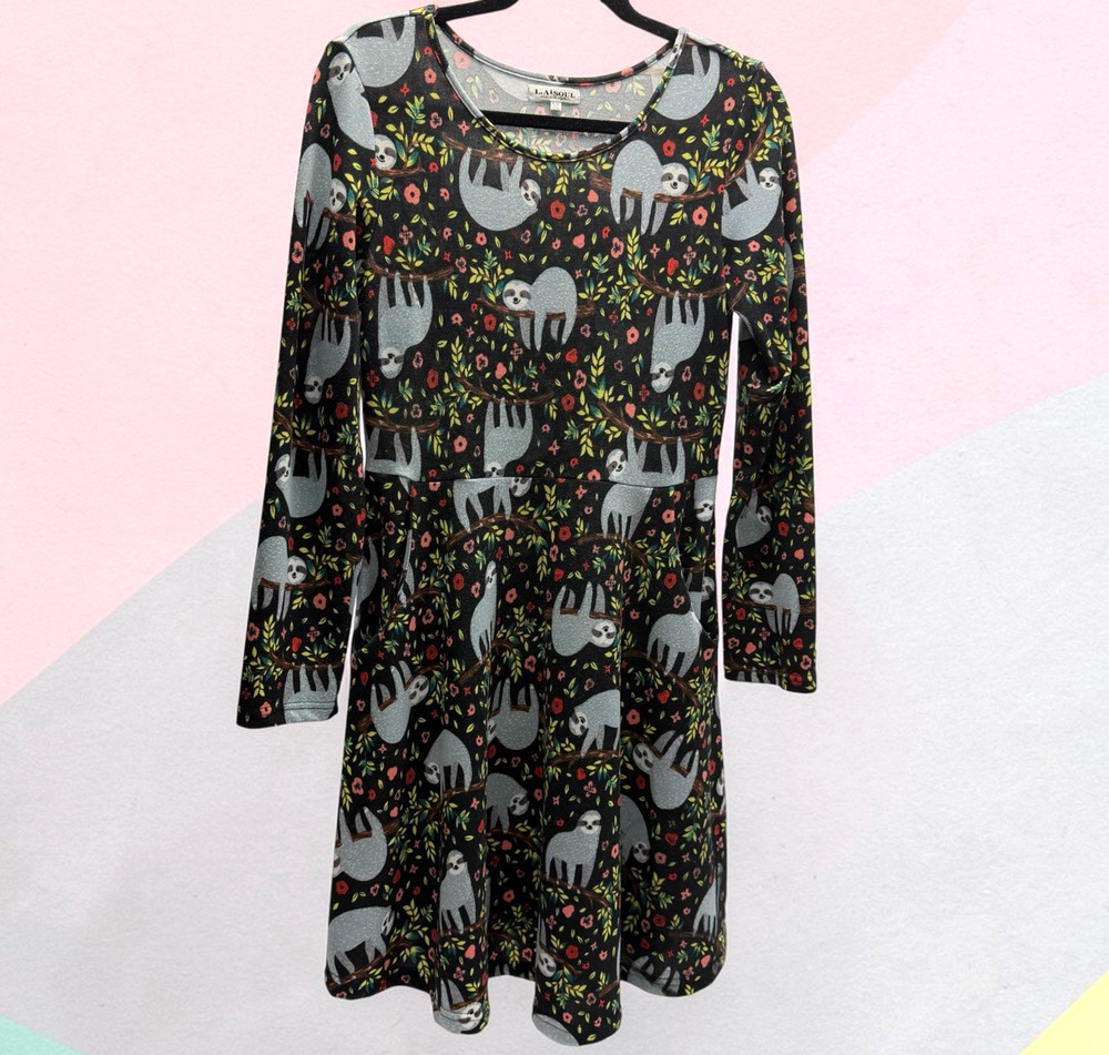 L.A Soul Sloth Dress Women's M Black Long Sleeve Fit & Flare Novelty Print